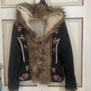 Embroidered Black and Brown Hooded Women's Jacket